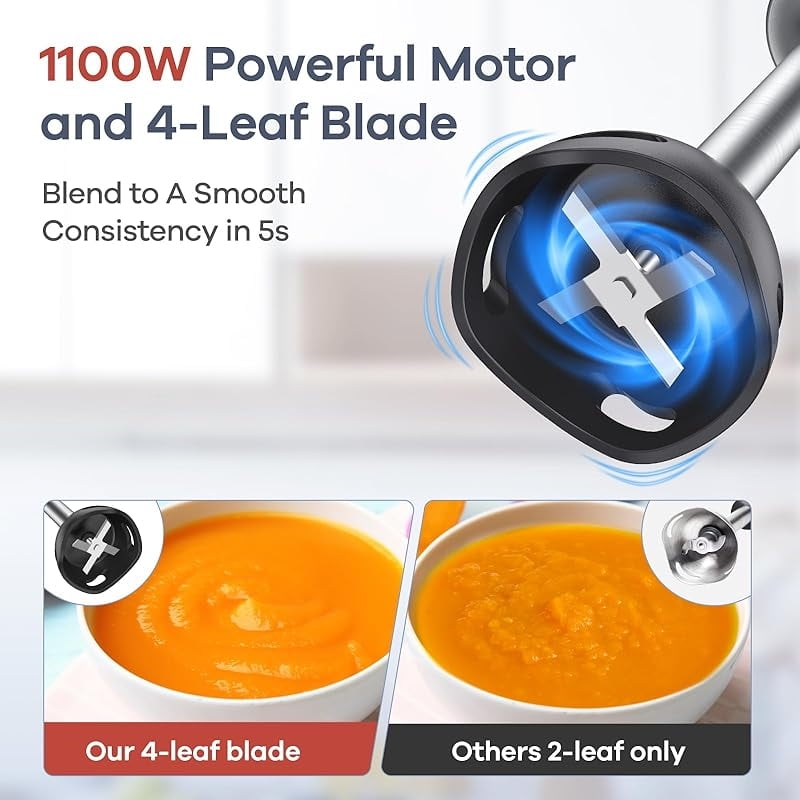 Immersion Blender Handheld, 6 in 1 Hand Blender Stainless Steel Blade, 15 Speed Stick Blenders Electric, 800ml Mixing Beaker, 600ml Chopper, Whisk, Frother, Potato Masher