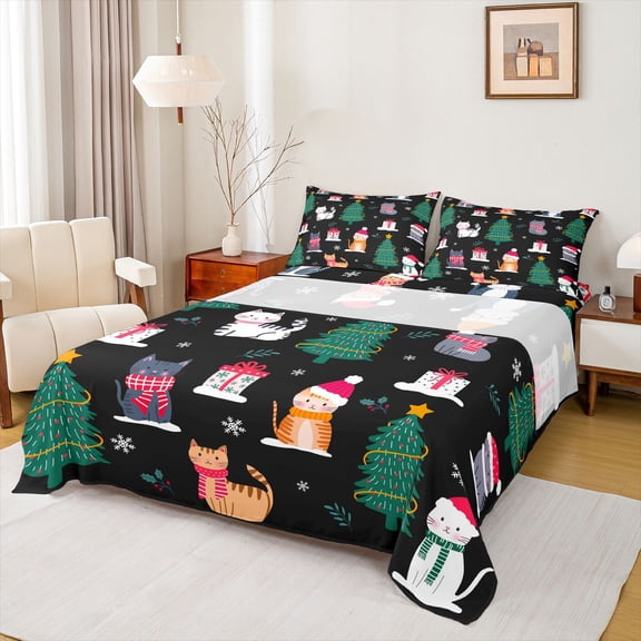 Homewish Cute Cartoon Cat Twin Sheet Sets,Merry Christmas Twin Fitted Sheet,Xmas Gifts Tree Flat Sheet For Girl Boy,Breathable Home Decor,3pcs