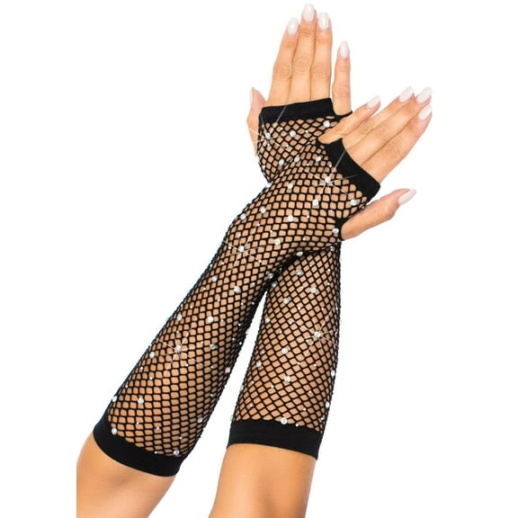 Rhinestone fishnet arm warmers - O/S / BLACK