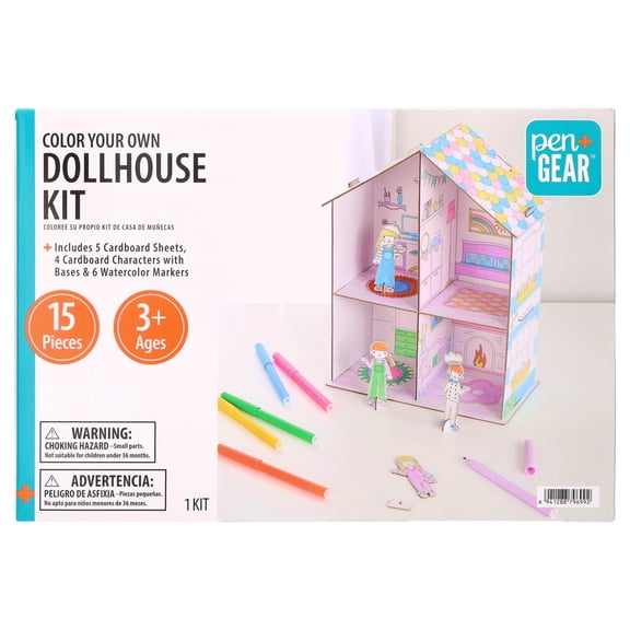 Pen+Gear Color Your Own Cardboard Dollhouse Kit, 15 Pieces