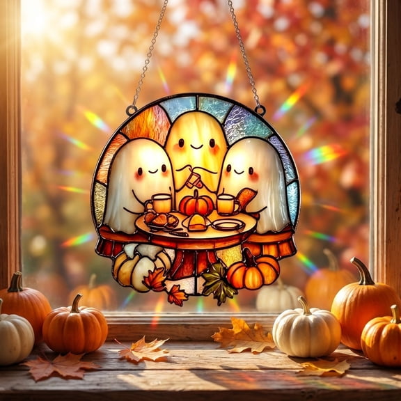 Halloween Sun Catcher for Window Hanging, Ghost Pumpkin 15cm Acrylic Suncatcher for Windows, Fall Thanksgiving House Warming Gift for Family Friends by MPOISVA