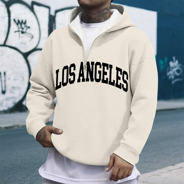 MHFRRA Sudadera con Capucha y Cremallera de Un Cuarto con Estampado de Letras, Suave y Cómoda, para Uso Informal, Sudadera Deportiva Ligera Beige
