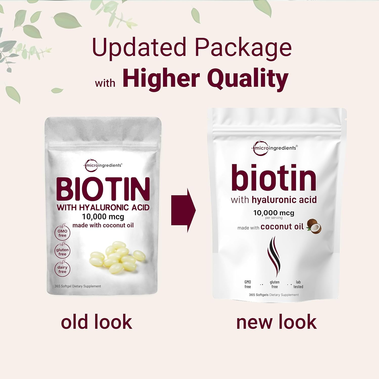 Micro Ingredients Biotin 10000 mcg w/Hyaluronic Acid 25mg, 365 Virgin Coconut Oil Softgels (1-Year Supply) | Supports Healthy Hair, Skin & Nails