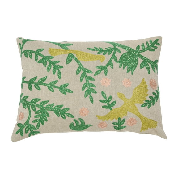 Creative Co-Op Cotton Chambray Lumbar Pillow with Bird Embroidery