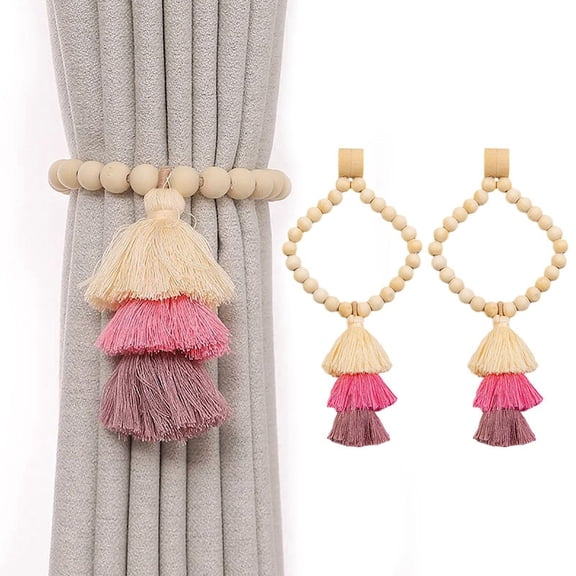 2 Pack Magnetic Curtain Tiebacks, Handwoven Boho Style with Wooden Beads & Tassels, Drill-Free Fabric-Friendly Drapery Ties for Living Room Bedroom
