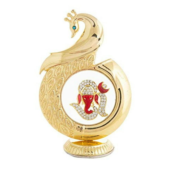 Gold Plated Peacock Shape Om Ganesha Ganesh 12 Cm Car ashboard Idol Statue Hindu Figurine Showpiece and Gift