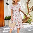 thumbnail image 2 of Women Casual Short Sleeve V Neck Midi Dress Floral Print Elastic Waist Loose Summer Dresses Boho Flowy Ruffle Dress, 2 of 7