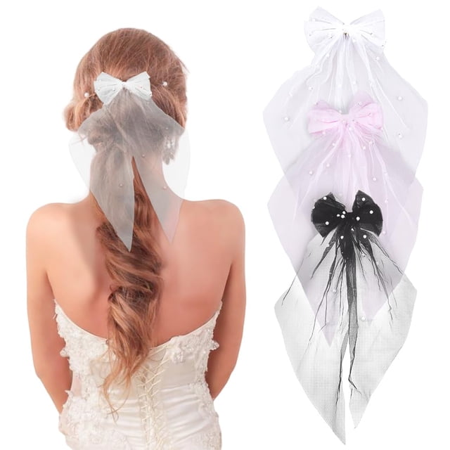 Velo de novia en 3 colores, pinza para el cabello, broche rosa, lazos, accesorios para el cabello para despedida de soltera (blanco, rosa, negro).