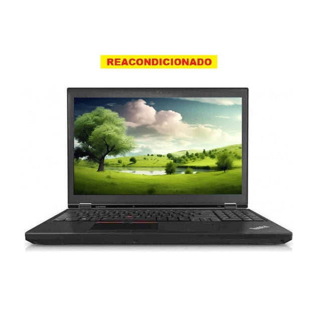 laptop lenovo thinkpad p50, 15.6" Reacondicionado abierta, vista frontal con pantalla Full HD 15.6" (1920x1080), carcasa negra y teclado completo con TrackPoint; Intel Core i7 6.ª gen., 32 GB RAM, 512 GB SSD, gráficos Nvidia, Windows 11 Pro. Incluye cargador y maletín; puede presentar detalles estéticos menores y se entrega en caja genérica.