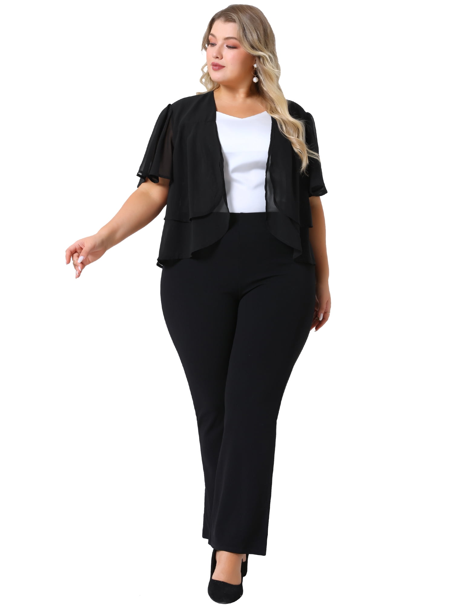 DARING DIVA Women's Plus Cropped Short Sleeve Open Front Sheer Shrug 1X Black