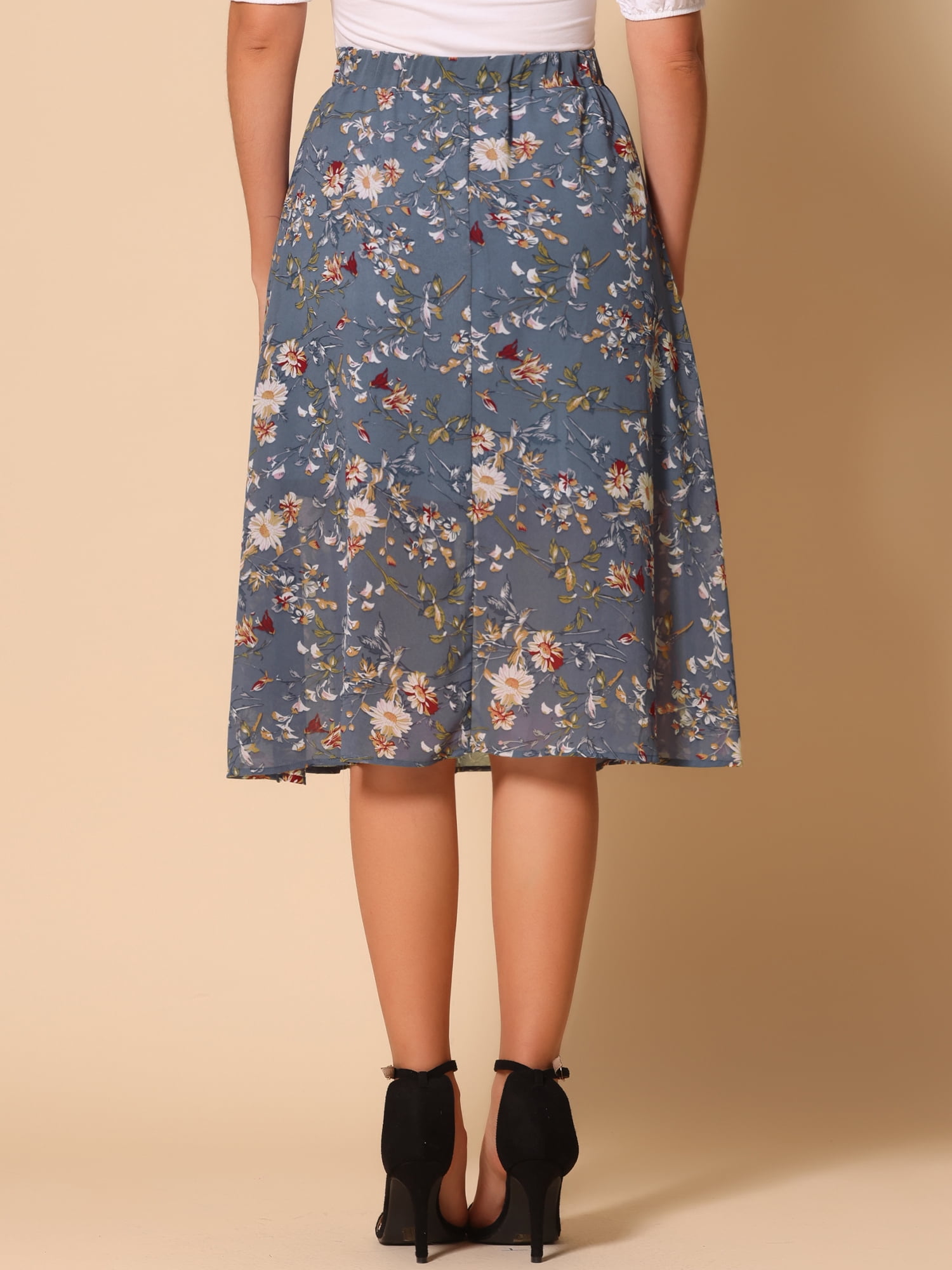 DARING DIVA Women's Floral Print A-Line Midi Skirt Skirts XS Gray Blue