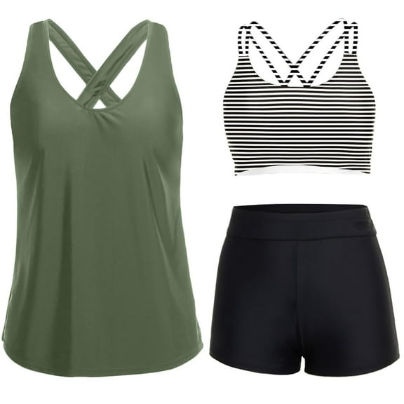 Drses Plus Size Women's 3 Piece Athletic Tankini Swimsuit Set - Tummy Control Swim Tank Top with Sports Bra & Shorts (Sizes S-2XL)