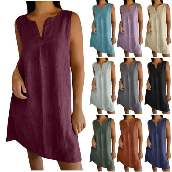 Summer Dresses for Women 2025, Fashion Women's Summer Casual V-Neck Short Sleeve Solid Beach Sundresses Vent Dress(Black,S)