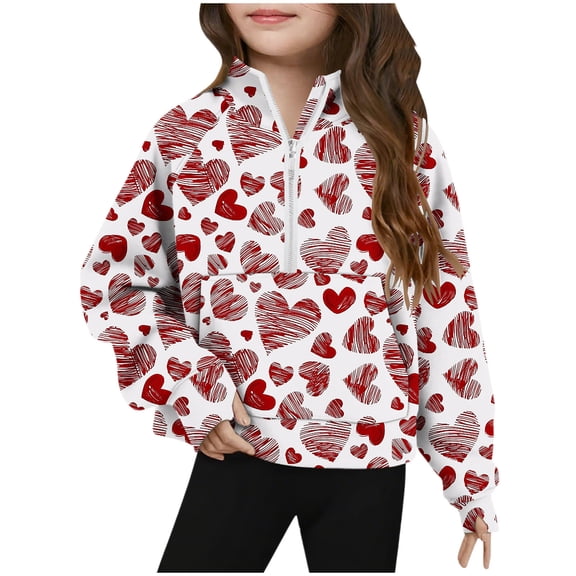 FAWUUDO Girls Valentines Themed Pullover Sweatshirt Half Zip Stand Collar Thumb Hole Cuffs Long Sleeve Big Kids Casual Wear Red 9-10 Years