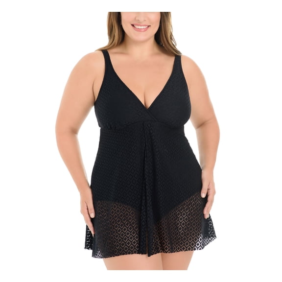 SWIM SOLUTIONS Women's Black Stretch Tummy Control Crochet Flyaway Lined Adjustable Full Coverage Surplice Swimdress 20W