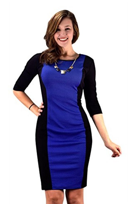 3/4 Sleeves Chic Printed Work Business Party Sheath Slimming Dress Blue Black L