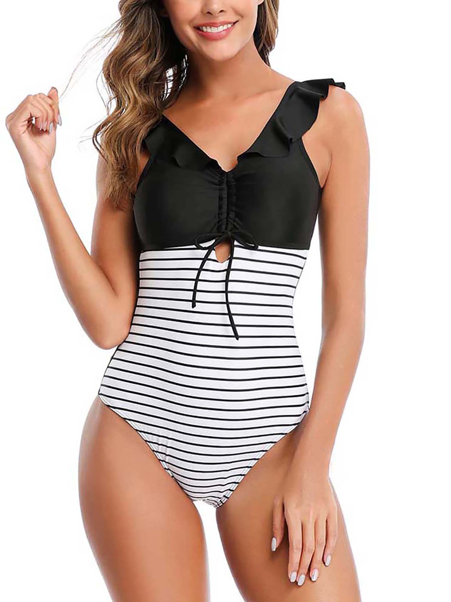 Women Oversized Striped One Piece Swimsuit Swimwear Swimming Monokini Bikini Set