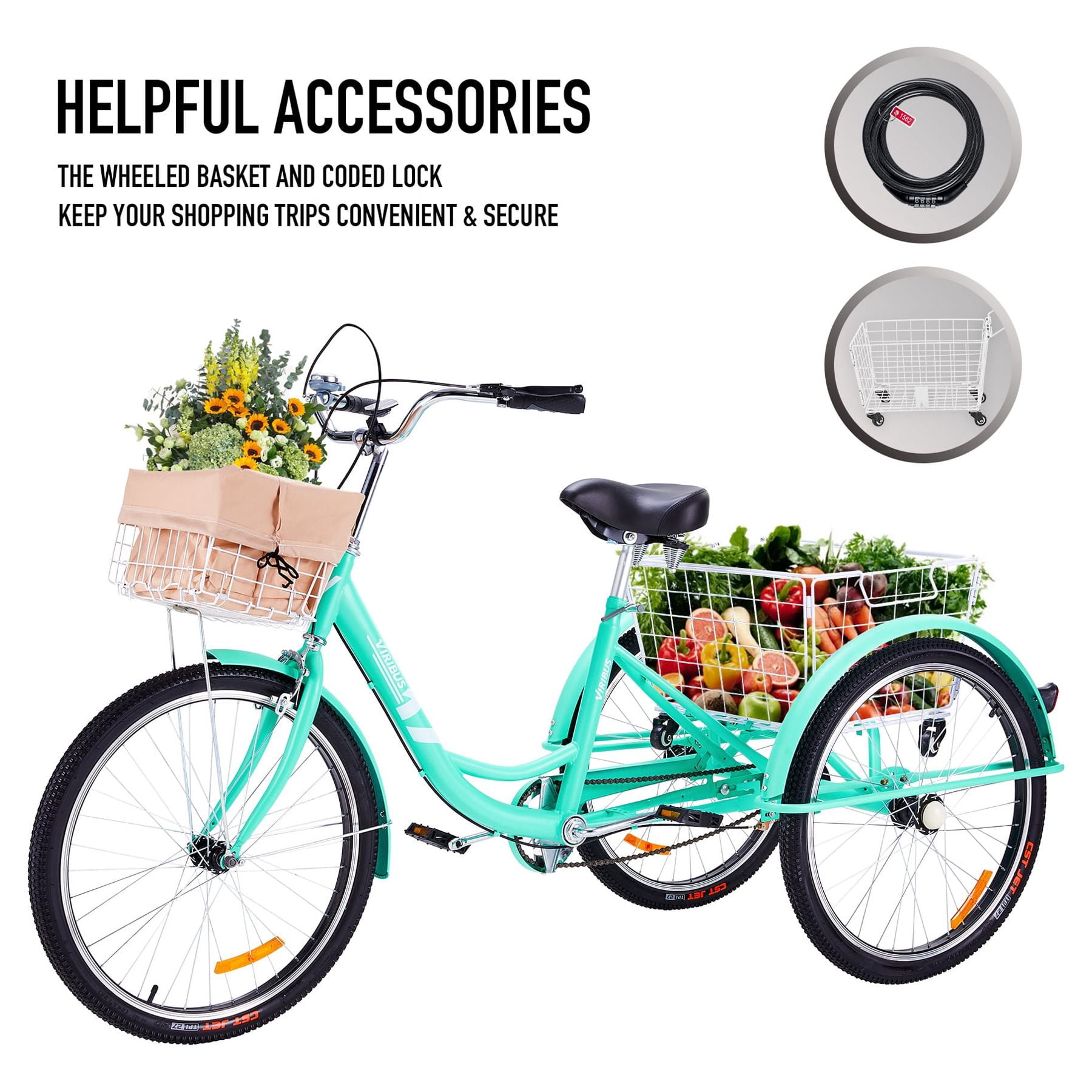 Viribus 24 Inch Adult Tricycle 3 Wheels Cruiser Bike w Removable Wheeled Basket, Dustproof Bag for Cycling Shopping Picnic for Men & Women, Light Green