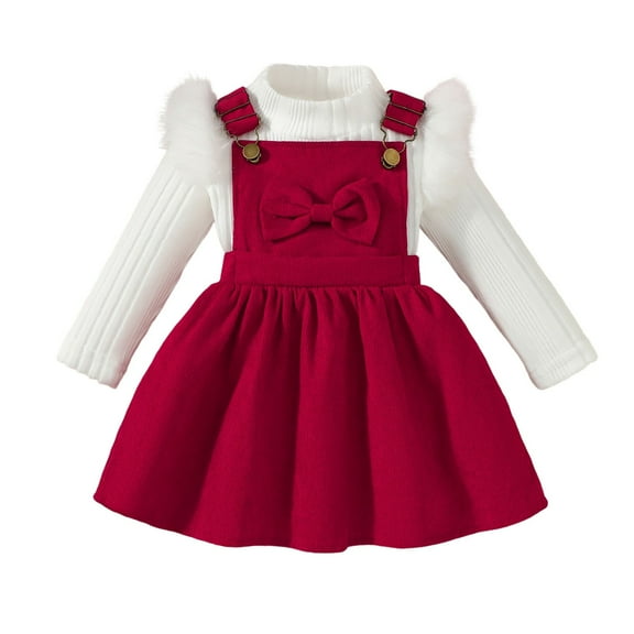 lnmuld Two Piece Outfits Winter Girls Outfit Long Sleeve Ribbed Strap Top and Bow Tie Dress Toddler Holiday Party Wear Set Solid Color Size:2-3 Years