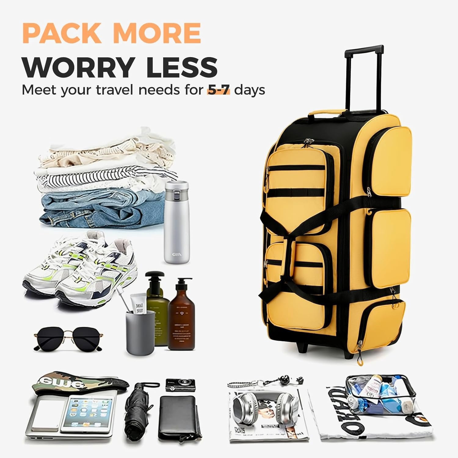 90L Rolling Duffle Bag with Wheels and Handle, 31" Large Duffle Bag for Travel, Carry  Luggage Duffel Bag with Shoe Compartment, Multi-Pocket, Water Resistant, Yellow