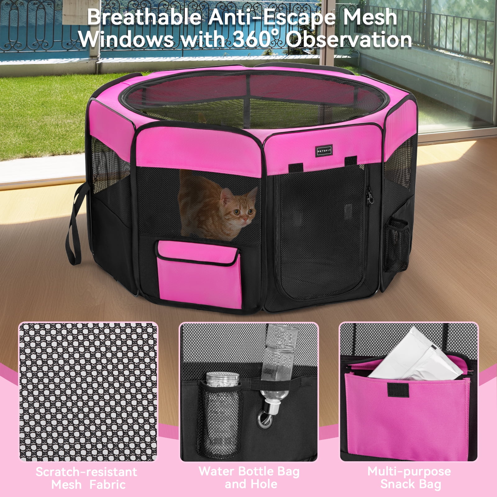 PETSFIT Portable Dog Playpen,36" Dog Play Pen Indoors with Removable Waterproof Mat & Zippered Roof | RV, Camping, Travel Dog Pen | Whelping & Cat Observation Space