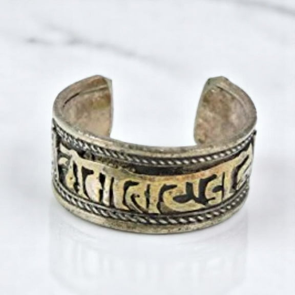 Handmade Tibetan Three Metal, White Metal Dzi Bead Healing Ring (Compassionate Mantra)