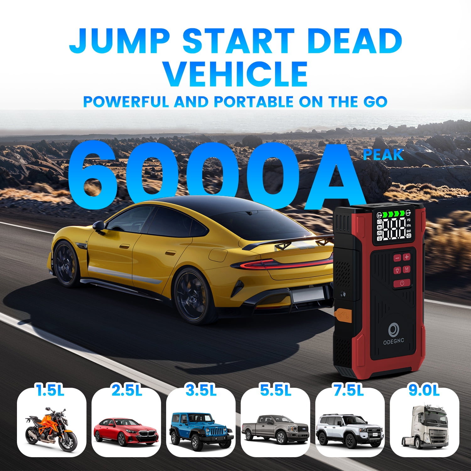 ODEGNC 6000A Car Battery Jump Starter with Air Compressor 25000mAh 150PSI Portable Air Pump for Vehicles & Emergency