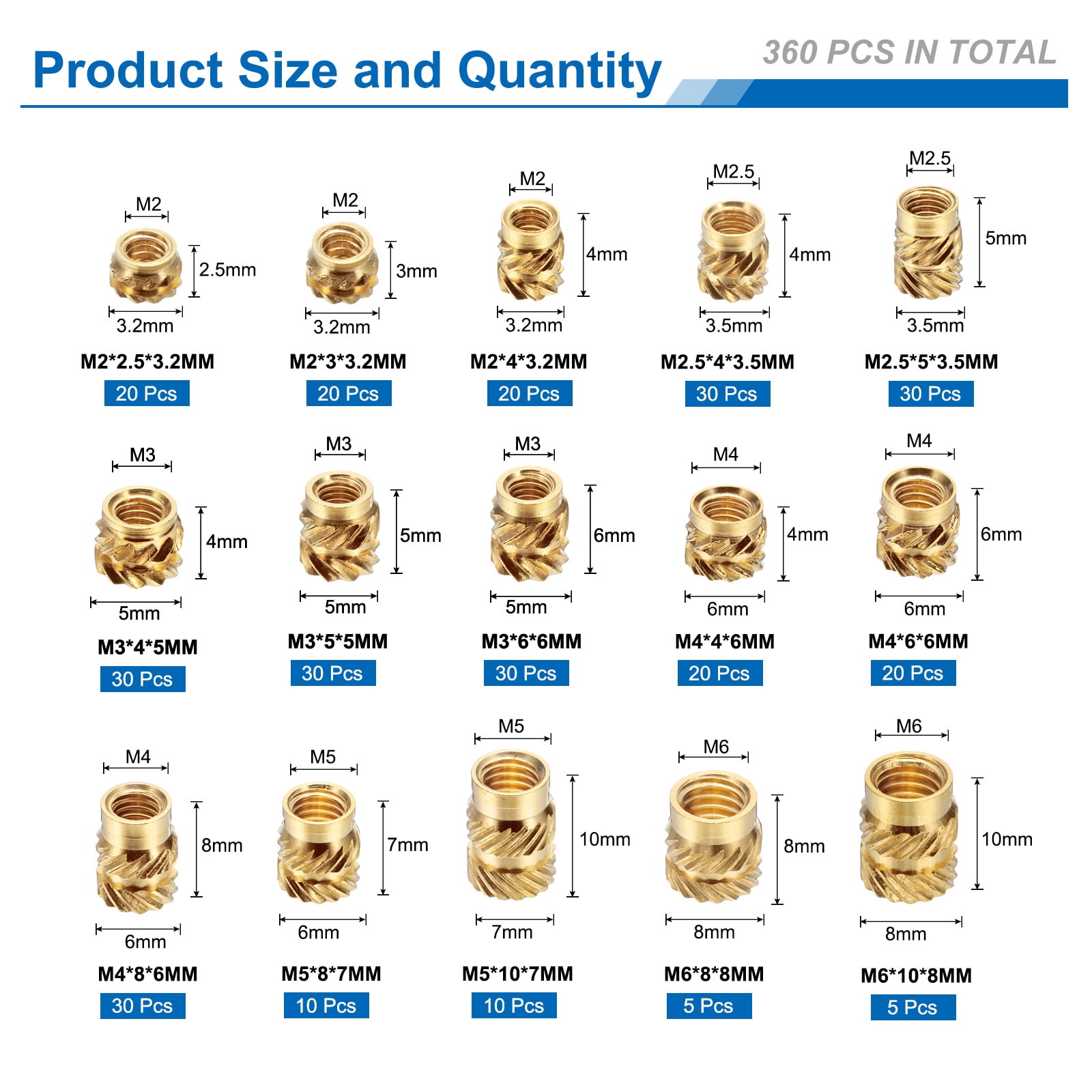 360Pack M2 M2.5 M3 M4 M5 M6 Metric Threaded Inserts Brass Heat Set Insert Knurled Nuts Assortment Kit, 3D Printing Brass Nuts Female Threaded Inserts Nuts