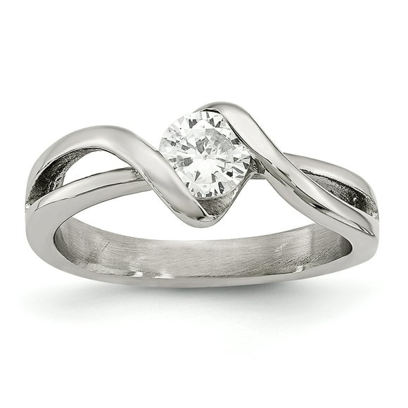 Stainless Steel Polished Round CZ Ring Size 9