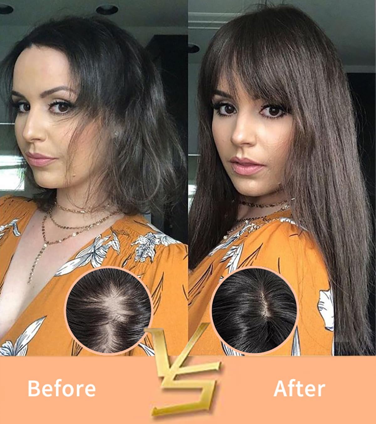 14" Hair Topper with Bangs Clip in Top Extensions 200% Density Silk Base Top Hairpieces Straight Crown Wiglet for Thinning  Hair Women