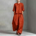 thumbnail image 2 of Vhkiploz 2Pcs Plus Size Summer Suit Sets for Women's Crew Neck 3/4 Sleeve Button Down Top with Wide Leg Pleated Pants Solid Daily Outdoor Outfit Sets, 2 of 5