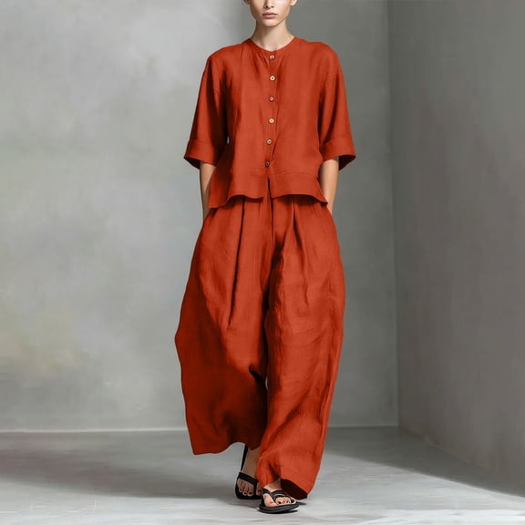 Cagogo Women's Plus Size 2 Piece Set Casual Round Neck Short Sleeve Tops Wide Leg Pants Loose Boho Summer Outfits Solid Cruise Matching Lounge Travel Clothes, Orange 3XL
