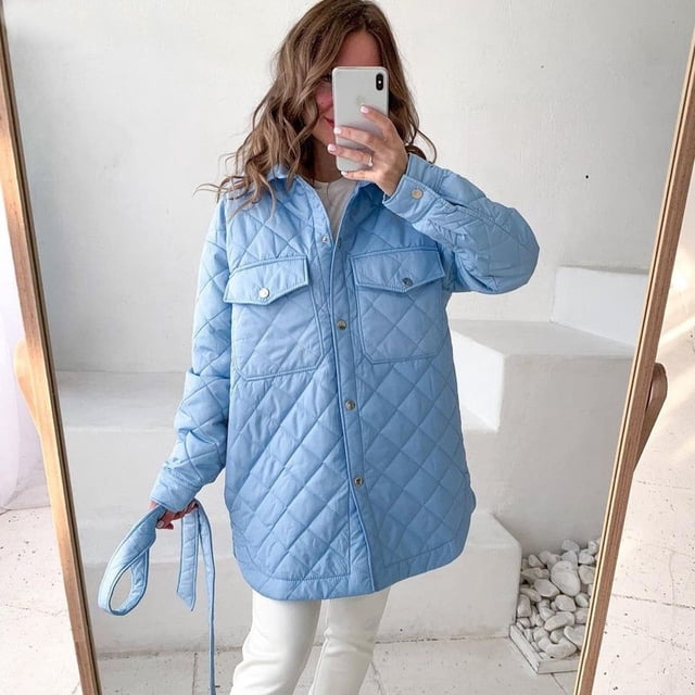 Chaqueta de algodón con solapa larga, suelta, cálida, con rejilla de diamantes, chaqueta de algodón gruesa versátil para mujer