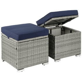 Best Choice Products Set of 2 Wicker Ottomans, Multipurpose Outdoor Patio Furniture w/ Removable Cushions - Gray/Navy
