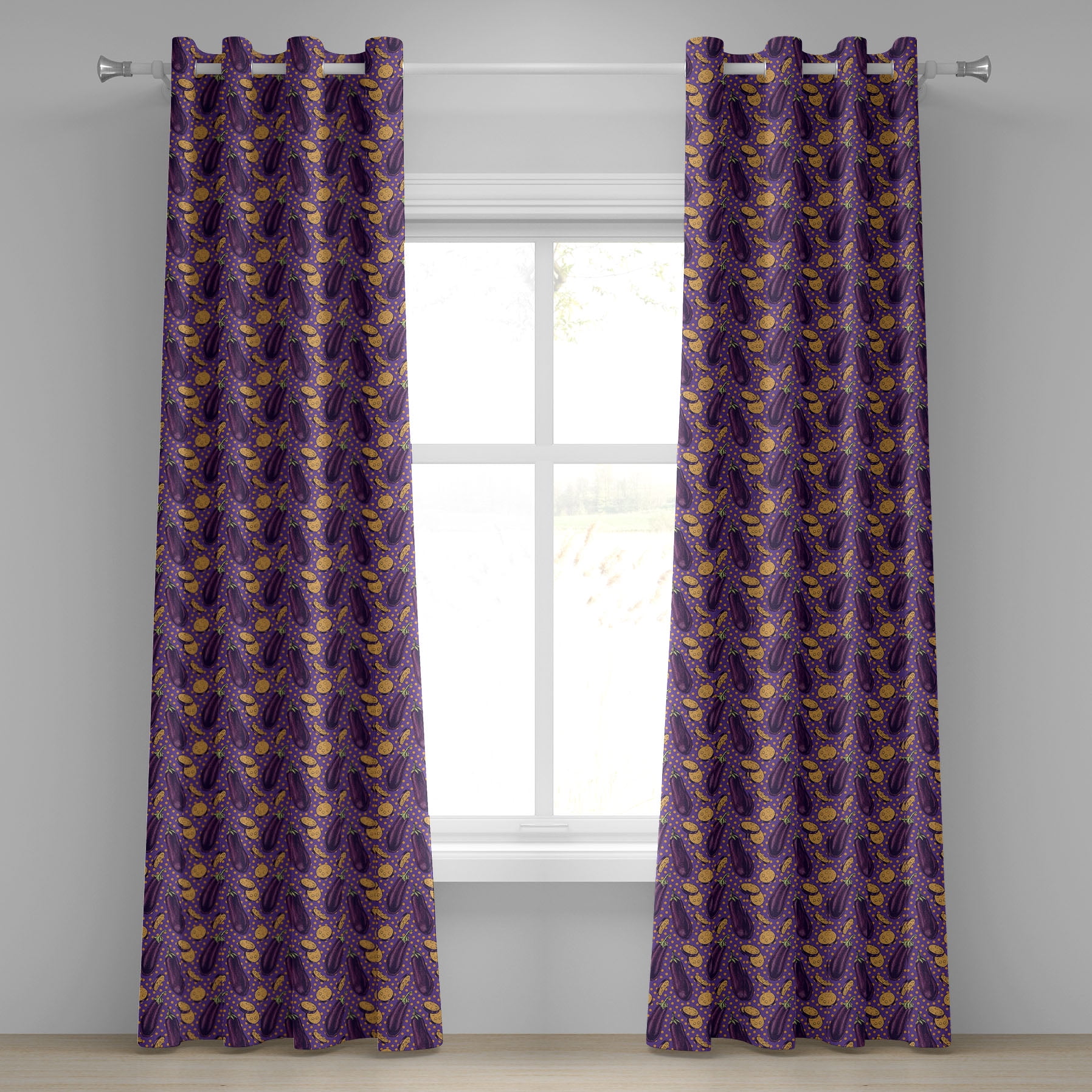 Eggplant Grommet Curtain, Realistic Looking Eggplants with Eighties