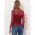 thumbnail image 4 of Blusa de encaje floral transparente Allegra K cuello simulado manga larga mujer borgoña L, 4 of 5