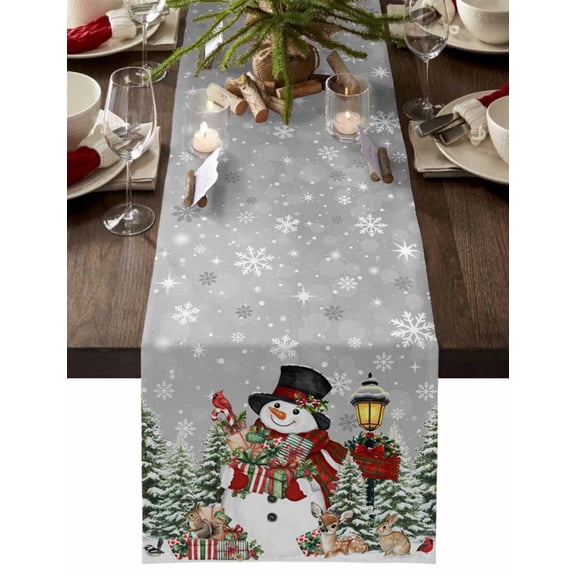 Christmas Table Runner Grey Snowman Table Runners Snowflake Bird Deer Pine Tree Forest Cotton Linen Dresser Scarf Kitchen Dining Table Decor for Christmas Holiday Party Decor 13x36 Inch