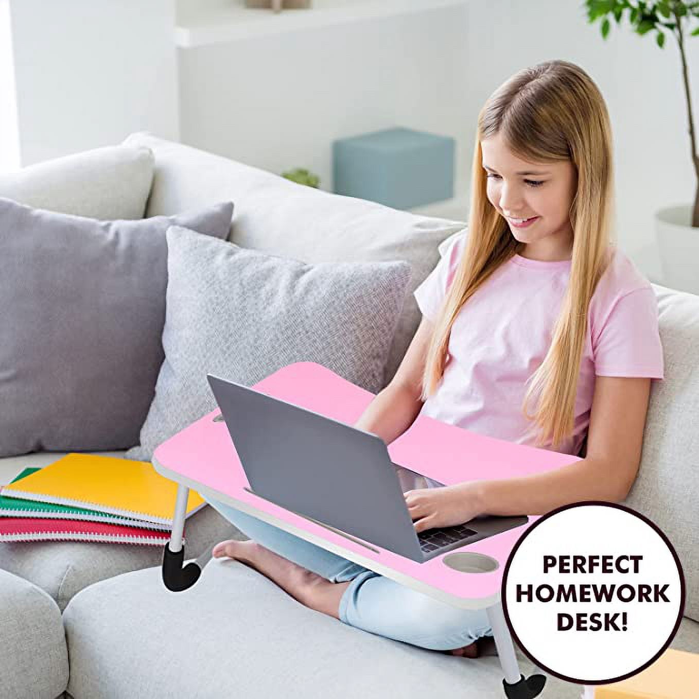 MavoCraft Laptop Desk for Bed - Lap Table with iPad Slot & Cup Holder - Portable Wood Lap Desk for Sofa & Bed for Adults & Kids - Adjustable Tablet & Laptop Stand for Comfortable Use (Pink)
