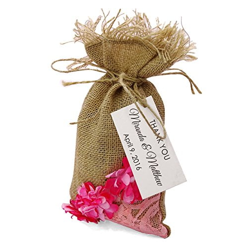 "20 Wedding Burlap Favor Bags Rustic With Personalized Text & Custom Paper Tags Drawstring Gift Bag Wedding Party Sack 4""x6.5"" inches"