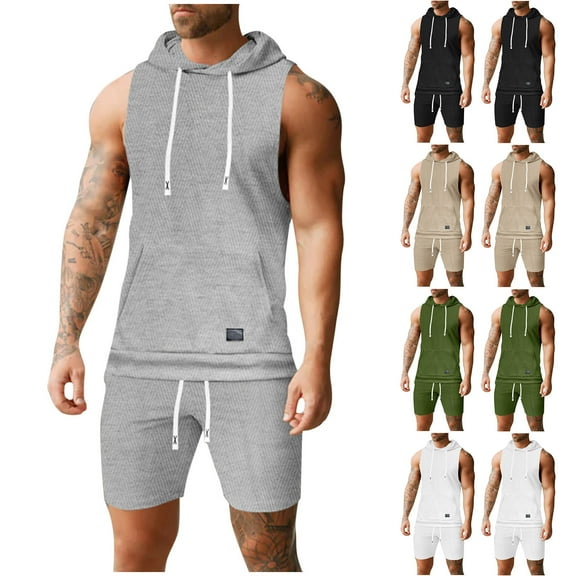 FRSASU Men's Jacquard Knitted 2 Piece Outfits Summer Hooded Sleeveless Tank and Drawstring Casual Track Shorts Set with Pockets White
