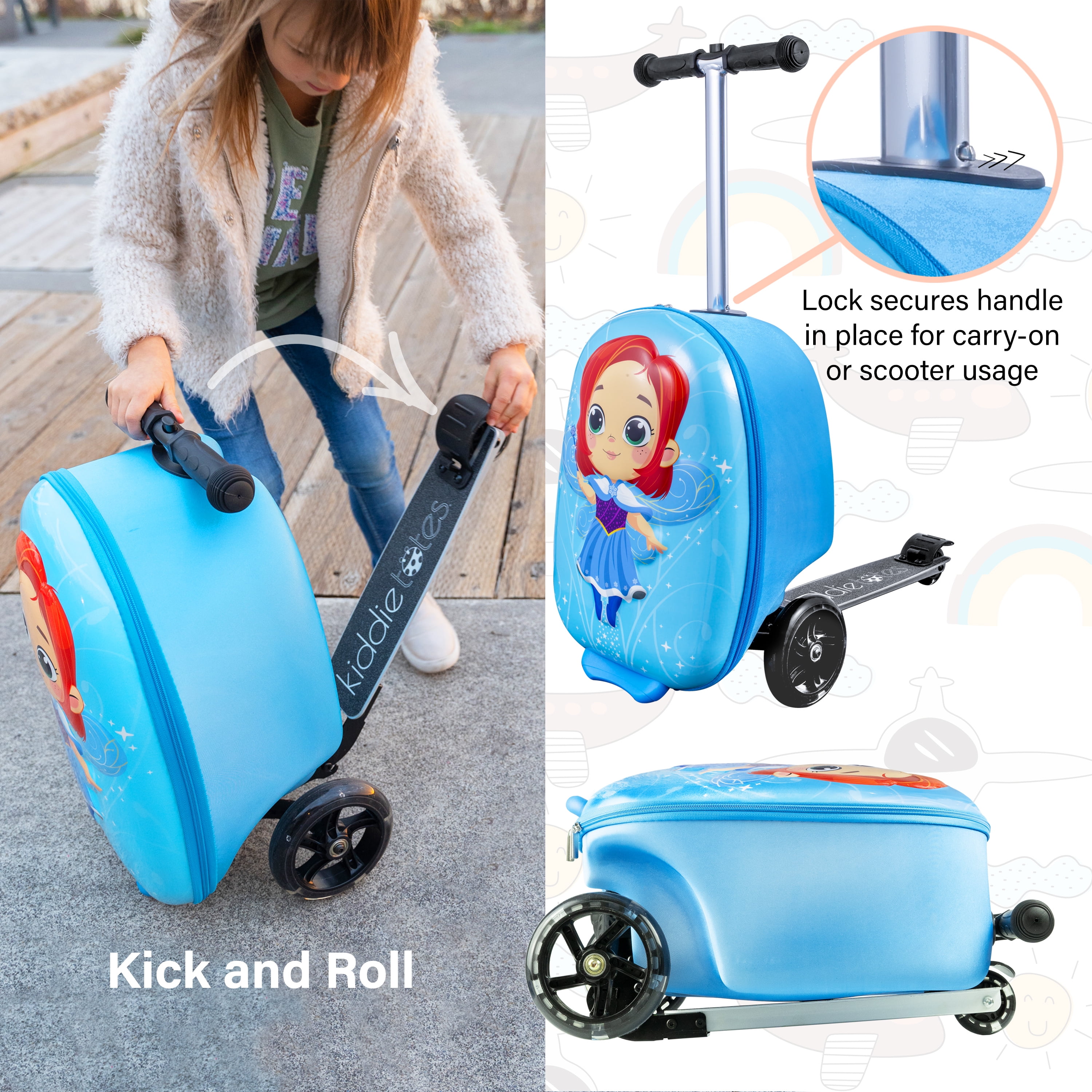KIDDIETOTES 3-D Hardshell Ride On Suitcase Scooter for Kids - Cute  Lightweight Kids Luggage with Wheels - Fun LED Lights