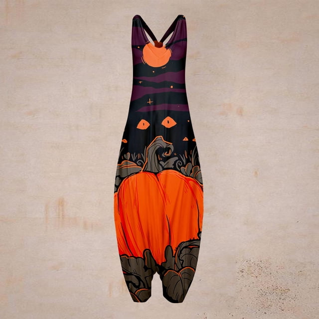 Women's Casual Bohemian Halloween Print Loose Large Size Casual Sleeveless Strappy Jumpsuit