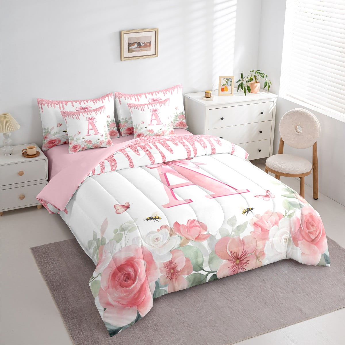 jejeloiu Monogrammed A Twin Bedding Sets 7-Piece,Retro Flower Butterfly Bedding Comforter Set,White Pink Bow Sheet Sets For Girl,Microfiber Room Decorative Reversible