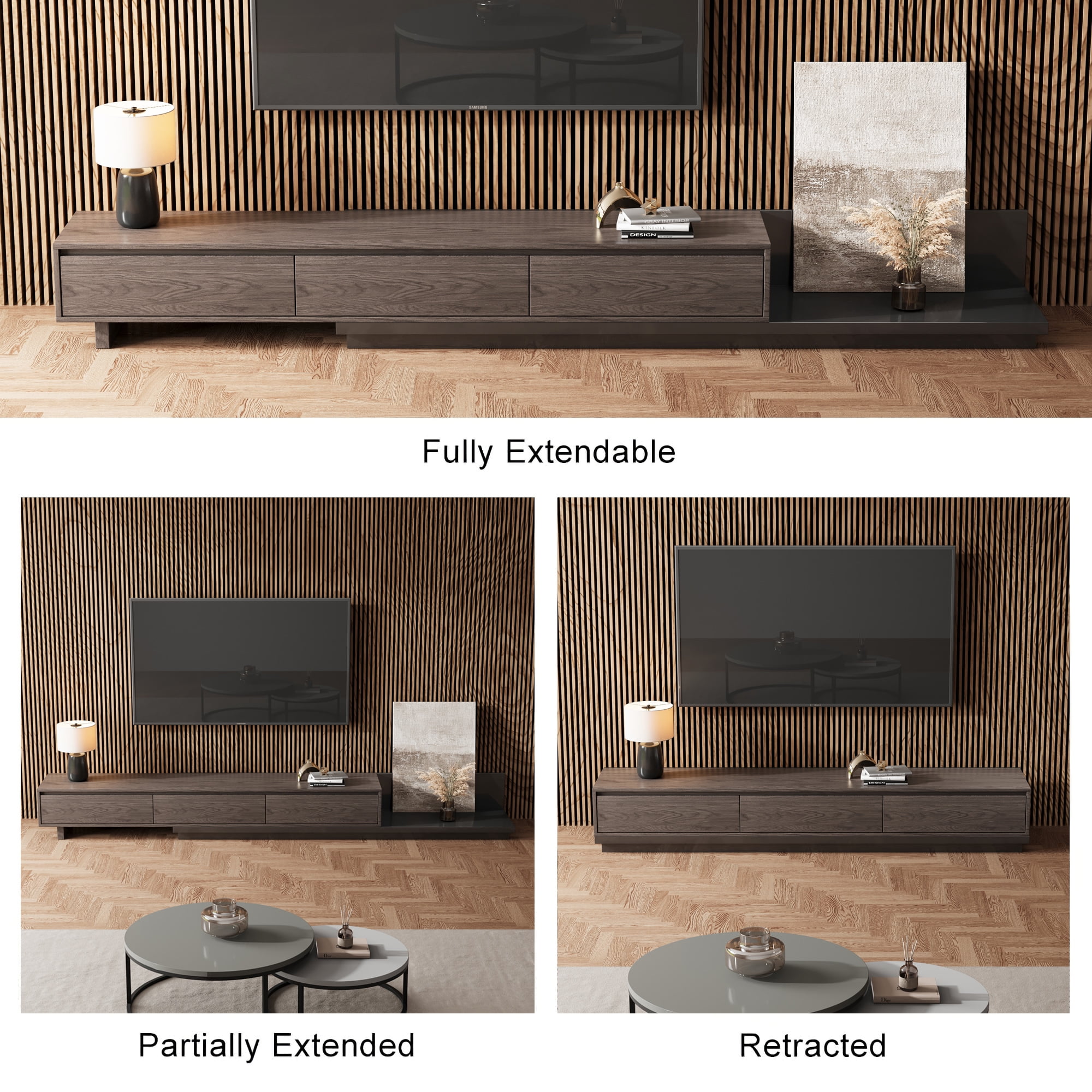 NessCarsti Mid-Century Modern TV Stand for 100" TVs, 78.7"-130"Black Walnut Console with Storage