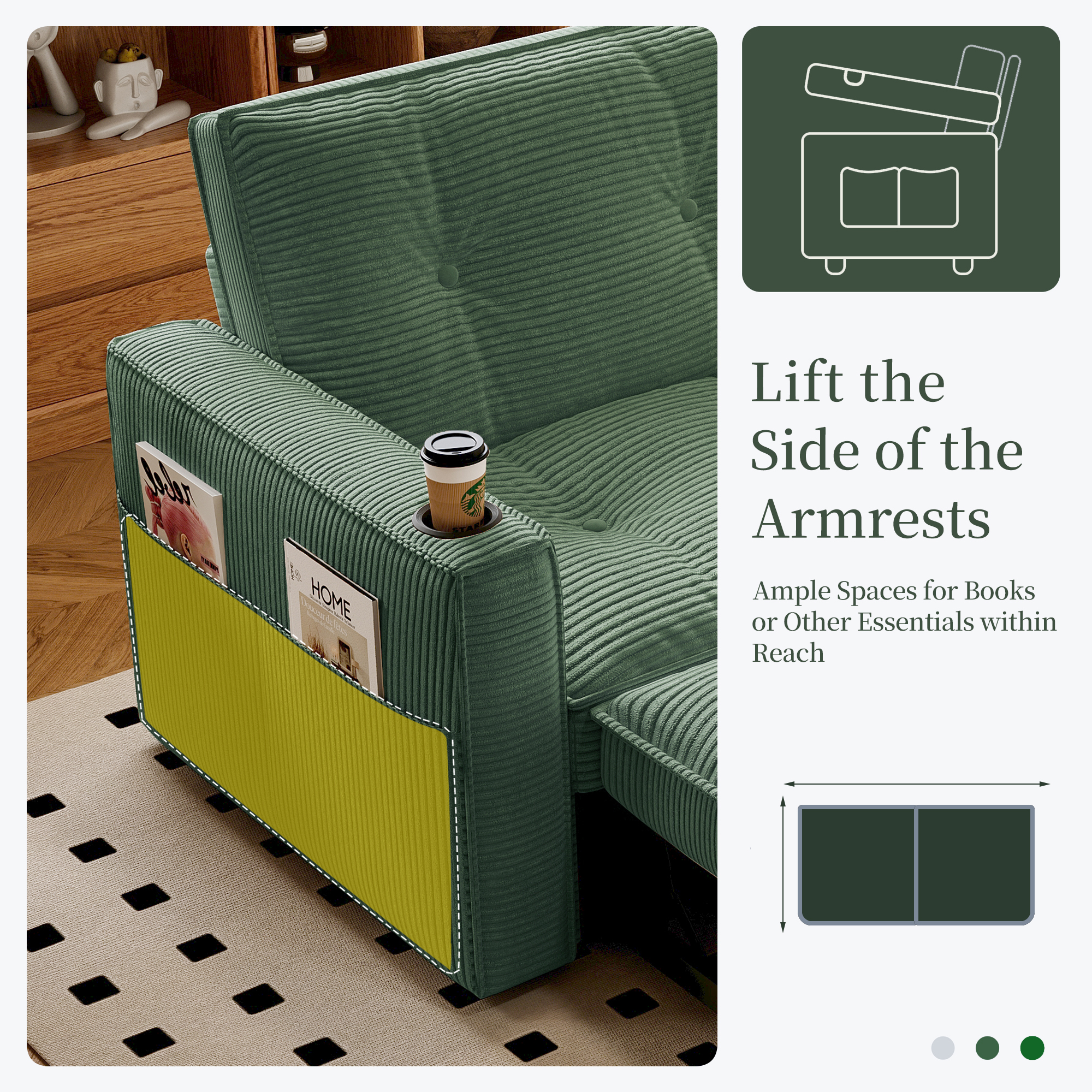 73.2'' Sleeper Sofa Bed Full, Corduroy Pull Out Couch, Modern L Shaped Convertible Sofa, Futon Couches, Comfy Loveseat, Adjustable Backrest & Side Pockets, for Small Space, Living Room, Green