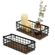 MyGift Wall Mounted or Tabletop Rustic Black Metal Wire and Burnt Wood Small Decorative Storage Baskets with Handles, Set of 2