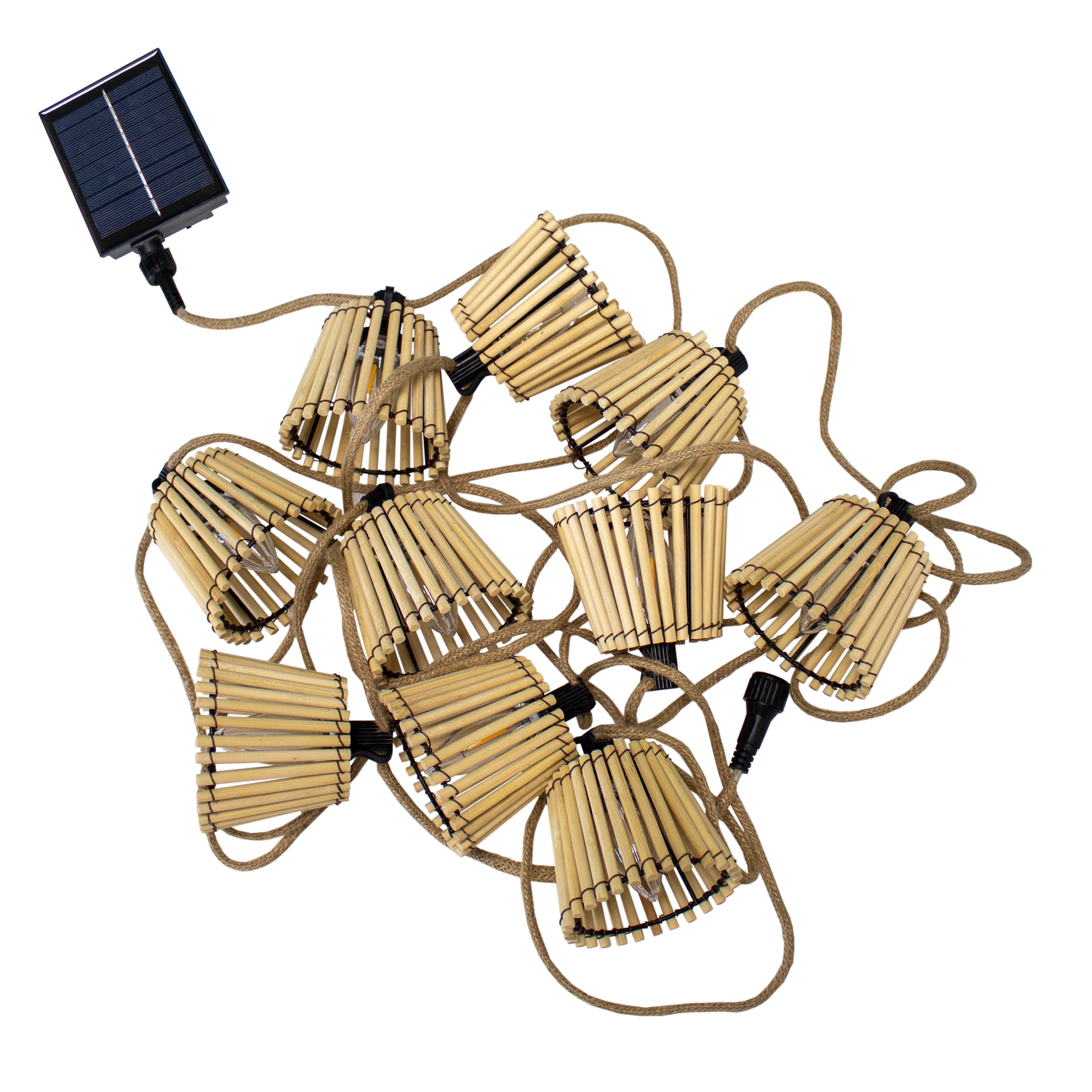 Newgarden Outdoor Shaded String Light Okinawa, Solar, Jute Cable 26 ft 10x 15-Lumen LED Handmade, 2 Watts, Natural Bamboo
