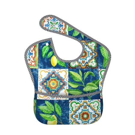 Bingfone Mess-Proof Baby Bib - Waterproof Bib For Baby Boy Or Girl With Food Catcher Pocket, Unisex-Lemon And Leaves