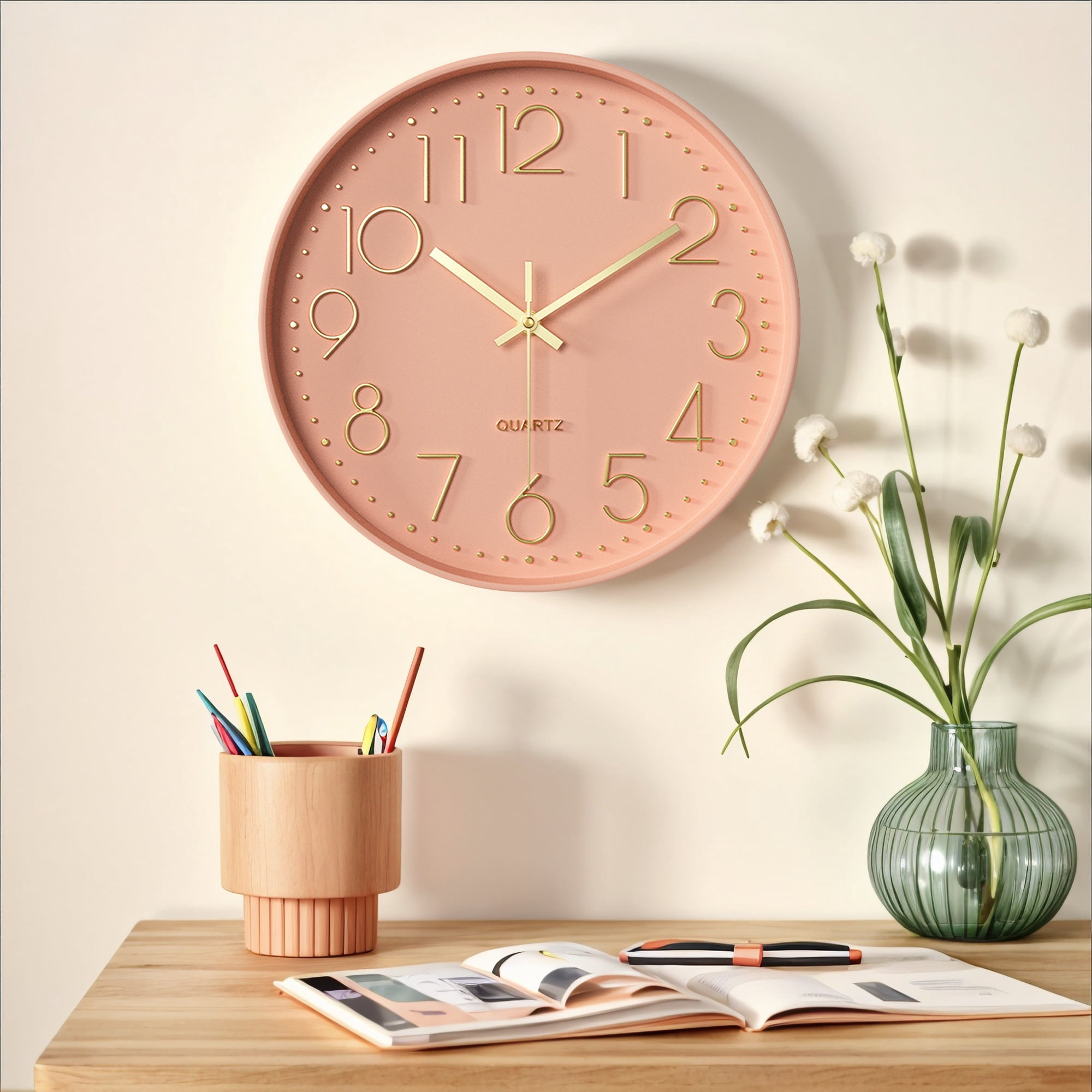 Unique Bargains Silent Non-Ticking Modern Battery Operated Wall Clock Pink