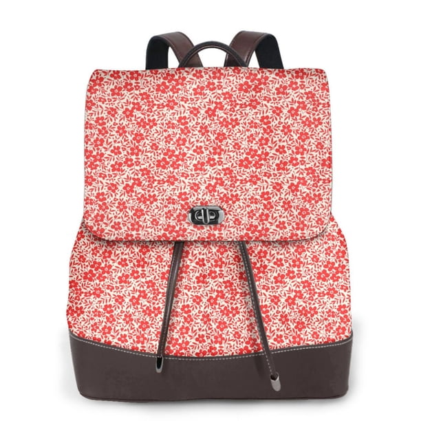 Disketp Red Pretty Flowers Mochila de Cuero para Mujer, Bolso de Espalda Antirrobo con Estilo para Viaje, Trabajo y Uso Diario